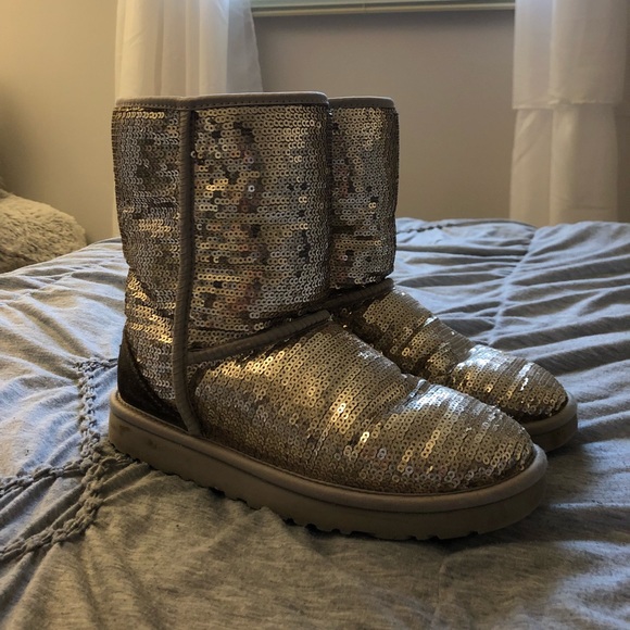 UGG Shoes - UGG Classic Short Silver Sparkle Sequin Boots